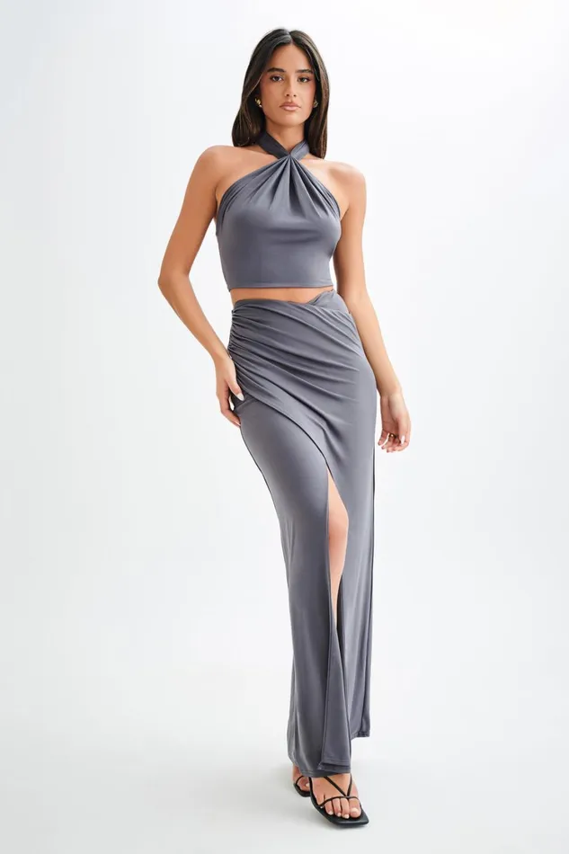 Women Meshki Tops Bronwyn Slinky Halter Crop Top 8211 Charcoal