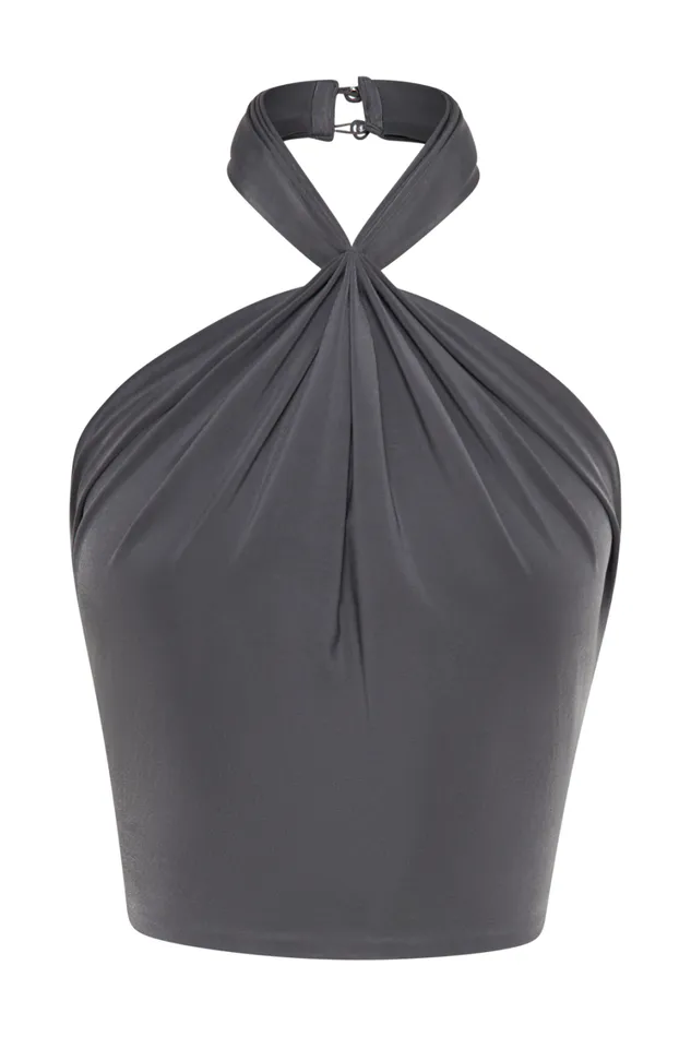 Women Meshki Tops Bronwyn Slinky Halter Crop Top 8211 Charcoal