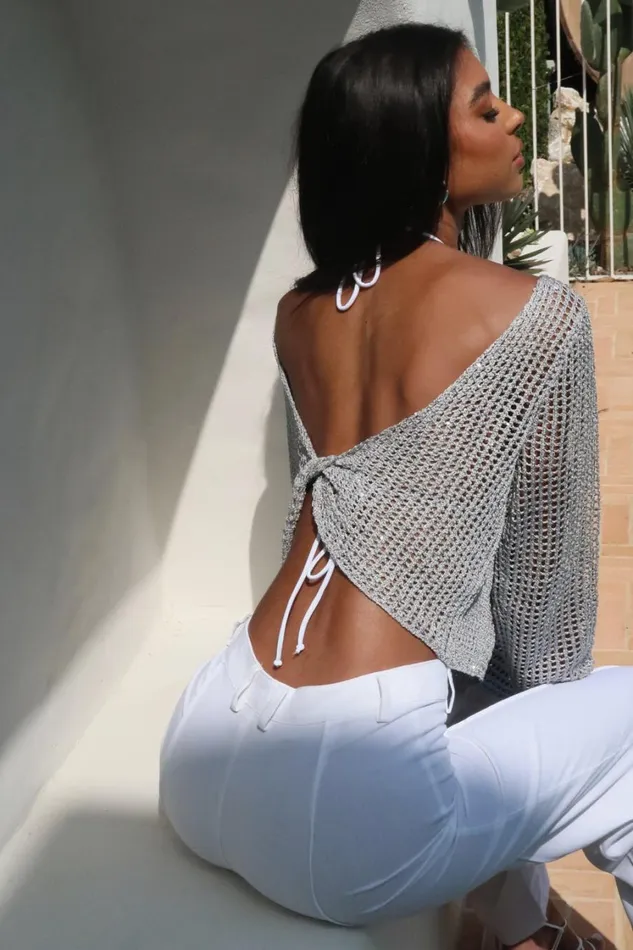 Women Meshki Tops Catalina Sequin Crochet Twist Top 8211 Silver