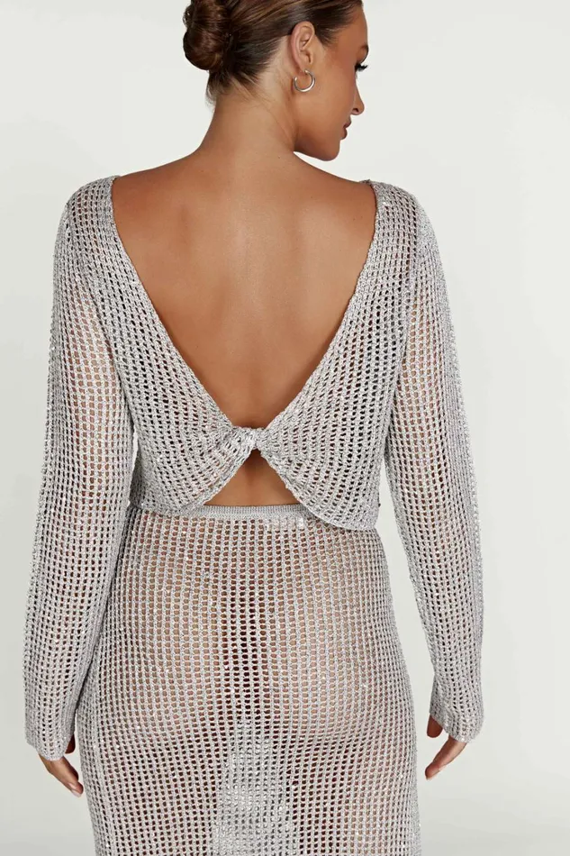 Women Meshki Tops Catalina Sequin Crochet Twist Top 8211 Silver