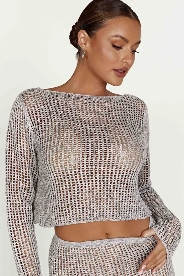 Women Meshki Tops Catalina Sequin Crochet Twist Top 8211 Silver