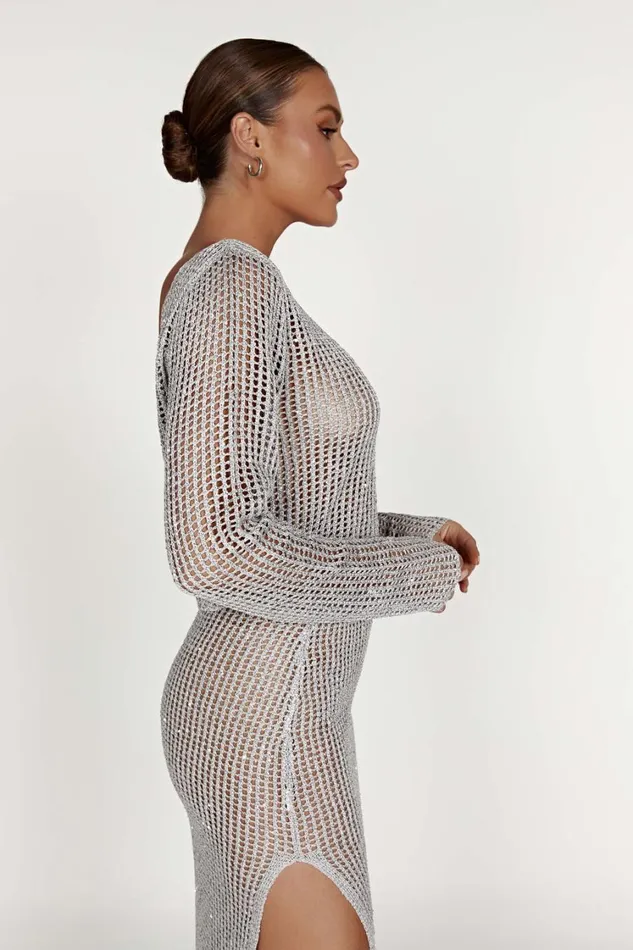 Women Meshki Tops Catalina Sequin Crochet Twist Top 8211 Silver