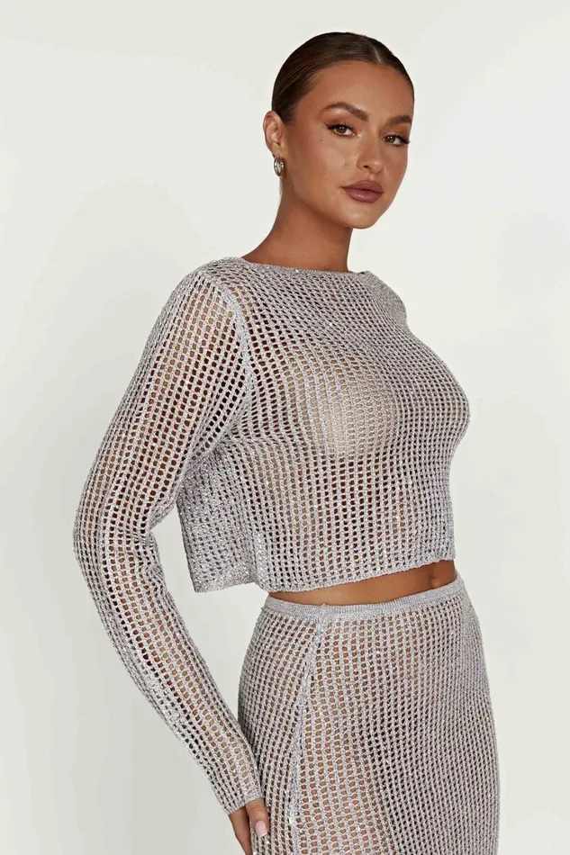 Women Meshki Tops Catalina Sequin Crochet Twist Top 8211 Silver