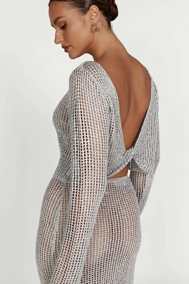 Women Meshki Tops Catalina Sequin Crochet Twist Top 8211 Silver