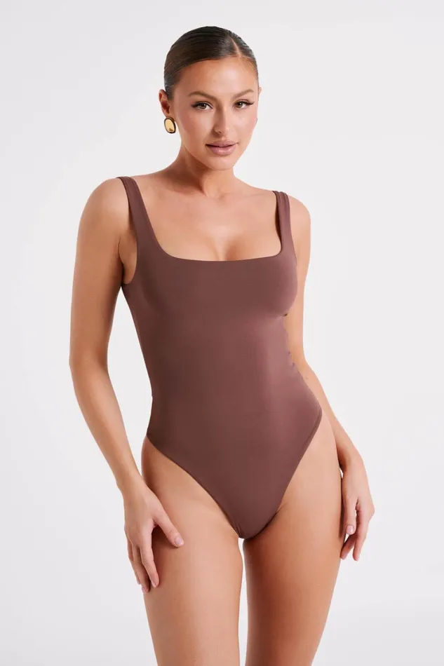 Women Meshki Tops Charlie Recycled Nylon Scoop Neck Bodysuit 8211 Mocha
