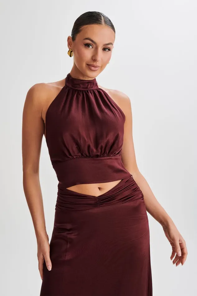 Women Meshki Tops Clara Satin Halter Top 8211 Plum