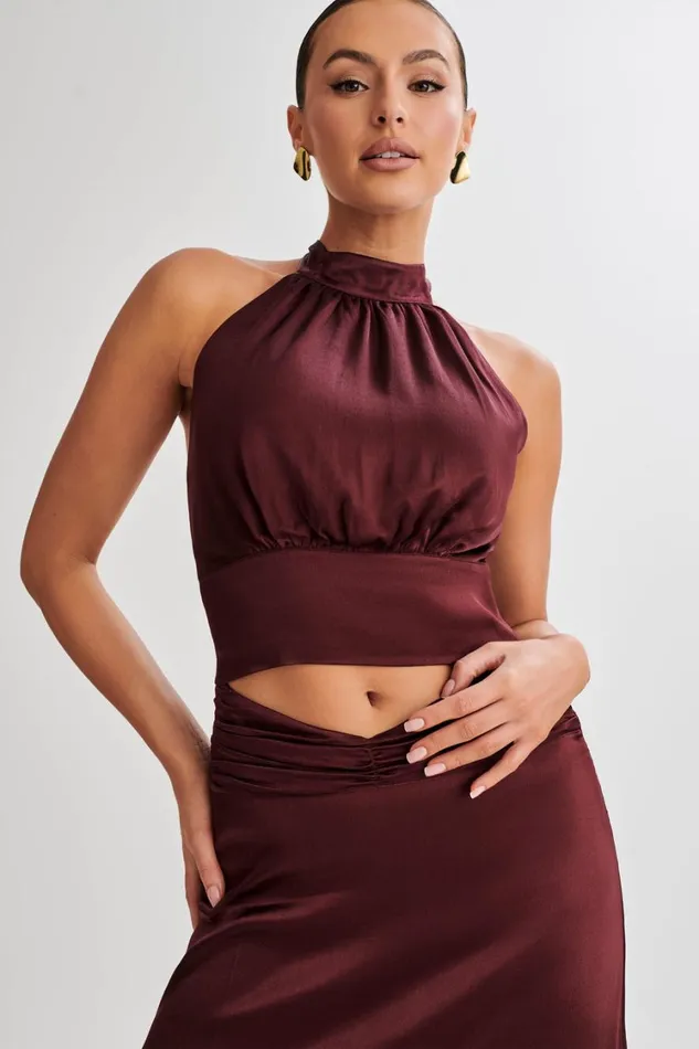 Women Meshki Tops Clara Satin Halter Top 8211 Plum