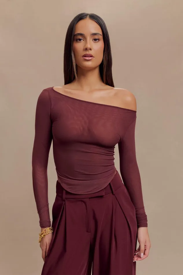 Women Meshki Tops Colette Boat Neck Mesh Top 8211 Mahogany