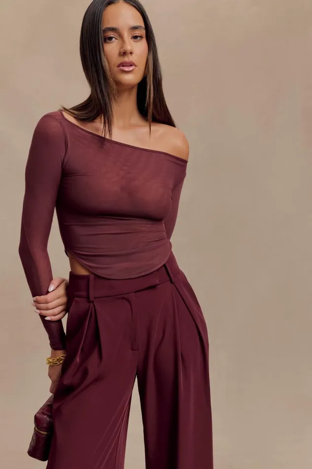 Women Meshki Tops Colette Boat Neck Mesh Top 8211 Mahogany