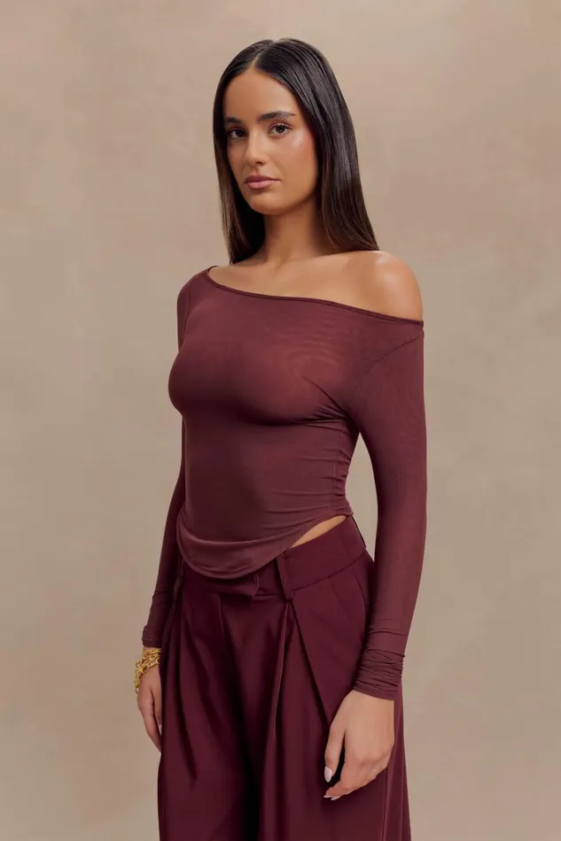 Women Meshki Tops Colette Boat Neck Mesh Top 8211 Mahogany