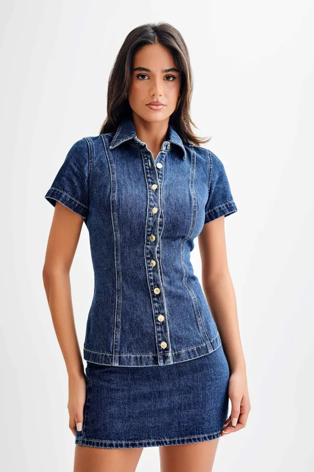 Women Meshki Tops Ellie Denim Short Sleeve Top 8211 Dark Blue