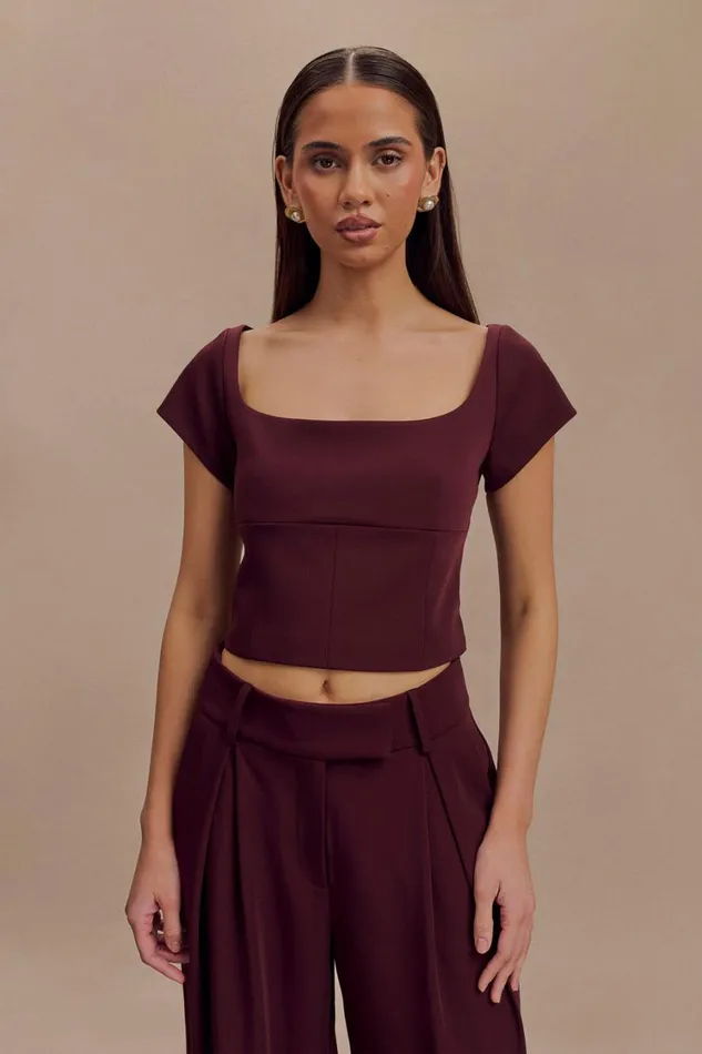 Women Meshki Tops Ellis Cap Sleeve Longline Suiting Top 8211 Mahogany