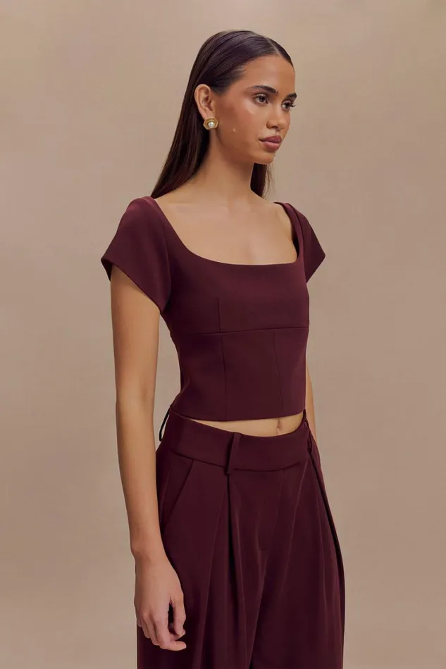 Women Meshki Tops Ellis Cap Sleeve Longline Suiting Top 8211 Mahogany