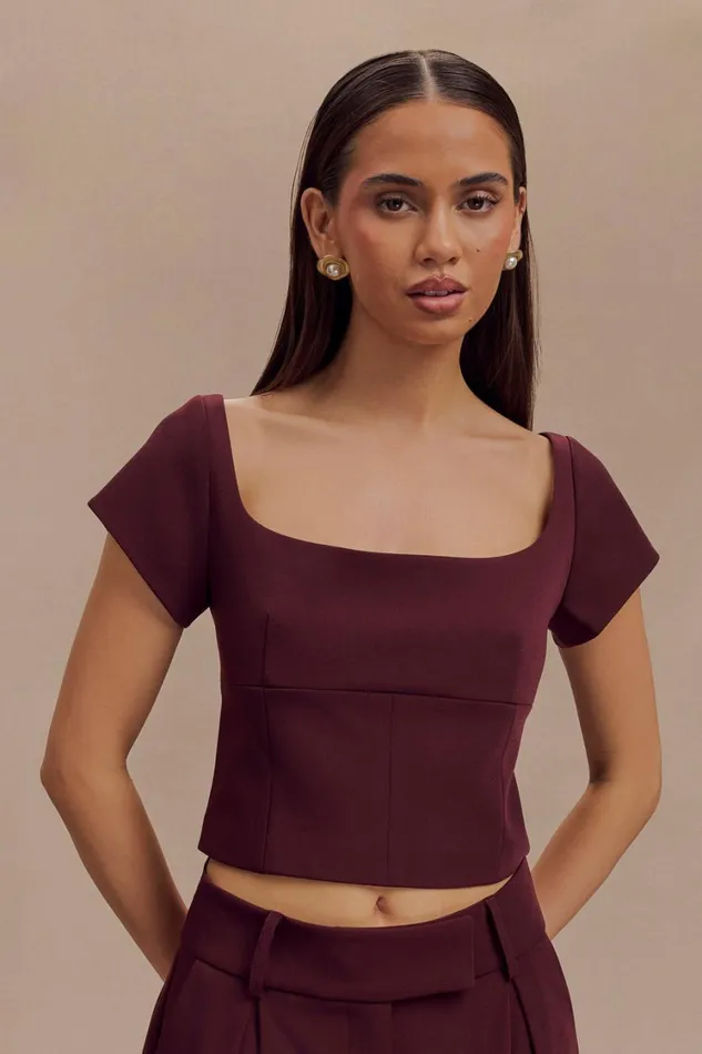 Women Meshki Tops Ellis Cap Sleeve Longline Suiting Top 8211 Mahogany