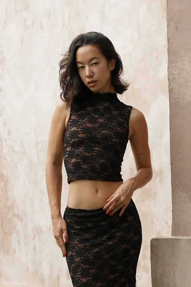 Women Meshki Tops Elska Lace High Neck Top 8211 Black