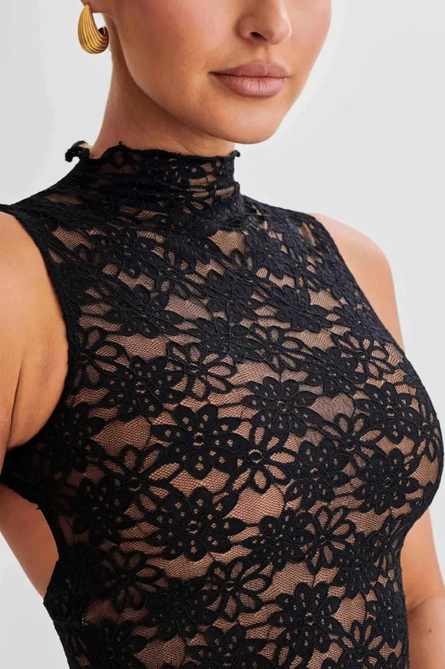 Women Meshki Tops Elska Lace High Neck Top 8211 Black