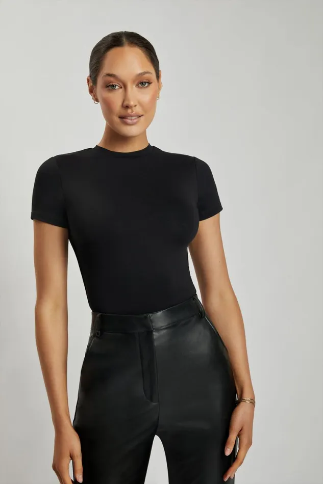 Women Meshki Tops Francesca Crew Neck Short Sleeve Bodysuit 8211 Black