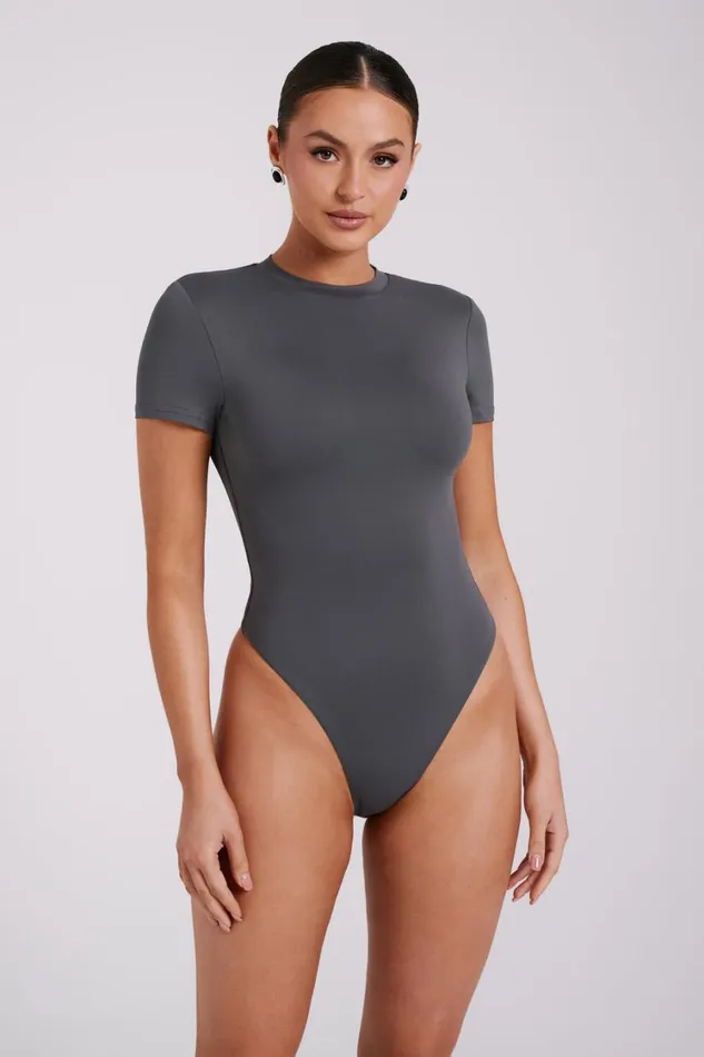 Women Meshki Tops Francesca Recycled Nylon Crew Neck Short Sleeve Bodysuit 8211 Charcoal