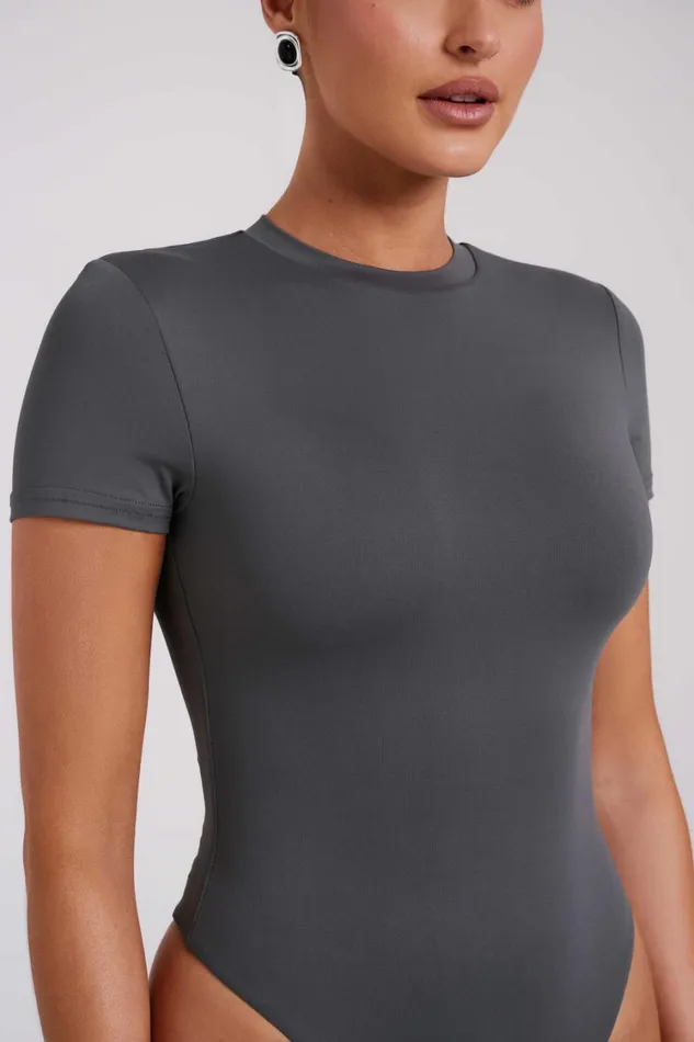 Women Meshki Tops Francesca Recycled Nylon Crew Neck Short Sleeve Bodysuit 8211 Charcoal