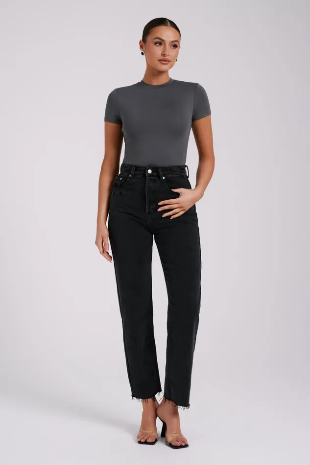 Women Meshki Tops Francesca Recycled Nylon Crew Neck Short Sleeve Bodysuit 8211 Charcoal