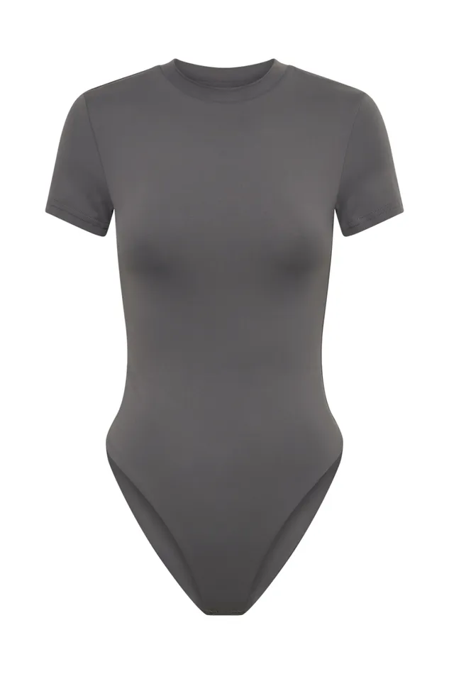 Women Meshki Tops Francesca Recycled Nylon Crew Neck Short Sleeve Bodysuit 8211 Charcoal