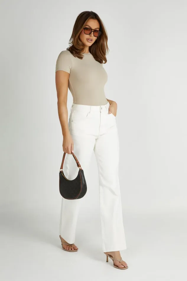 Women Meshki Tops Francesca Recycled Nylon Crew Neck Short Sleeve Bodysuit 8211 Taupe