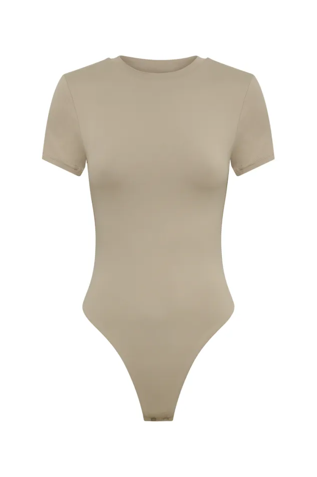 Women Meshki Tops Francesca Recycled Nylon Crew Neck Short Sleeve Bodysuit 8211 Taupe