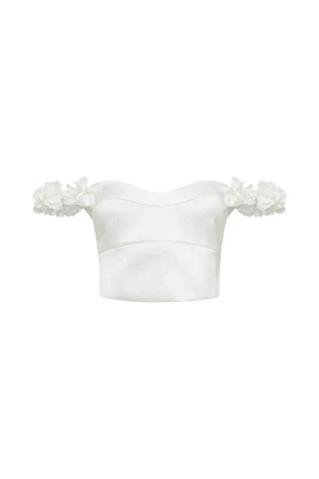 Women Meshki Tops Karrie Cropped Satin Rose Bodice 8211 White