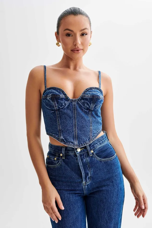 Women Meshki Tops Lana Denim Cupped Corset Top 8211 Dark Blue