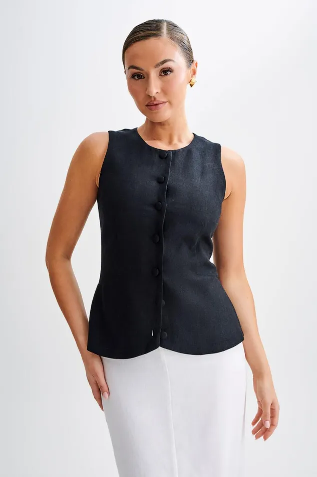 Women Meshki Tops Laurence Sleeveless Linen Longline Top 8211 Black