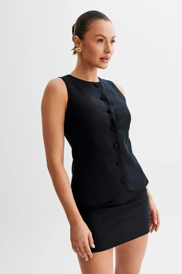 Women Meshki Tops Laurence Sleeveless Linen Longline Top 8211 Black