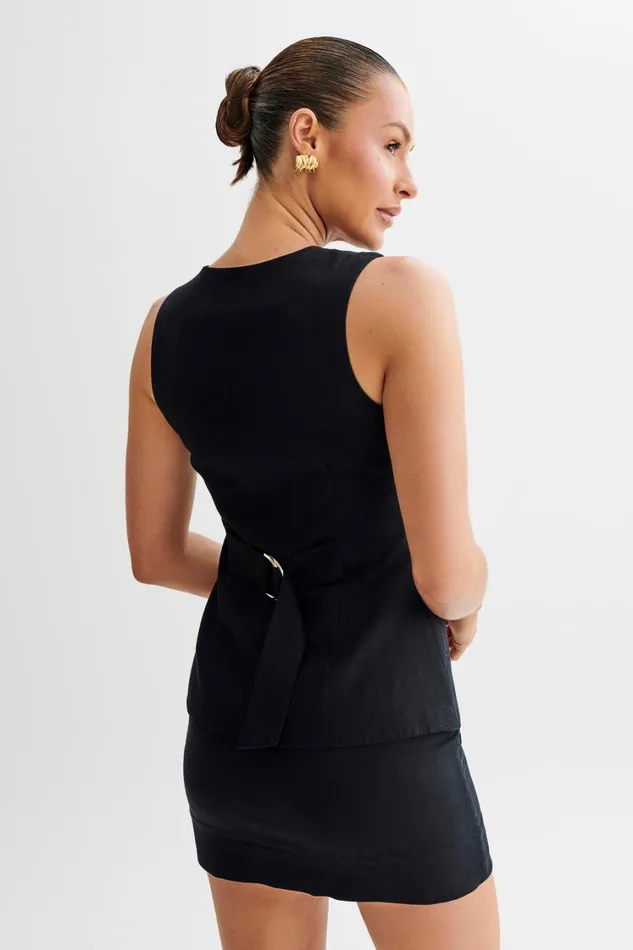 Women Meshki Tops Laurence Sleeveless Linen Longline Top 8211 Black