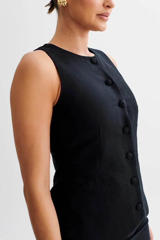 Women Meshki Tops Laurence Sleeveless Linen Longline Top 8211 Black