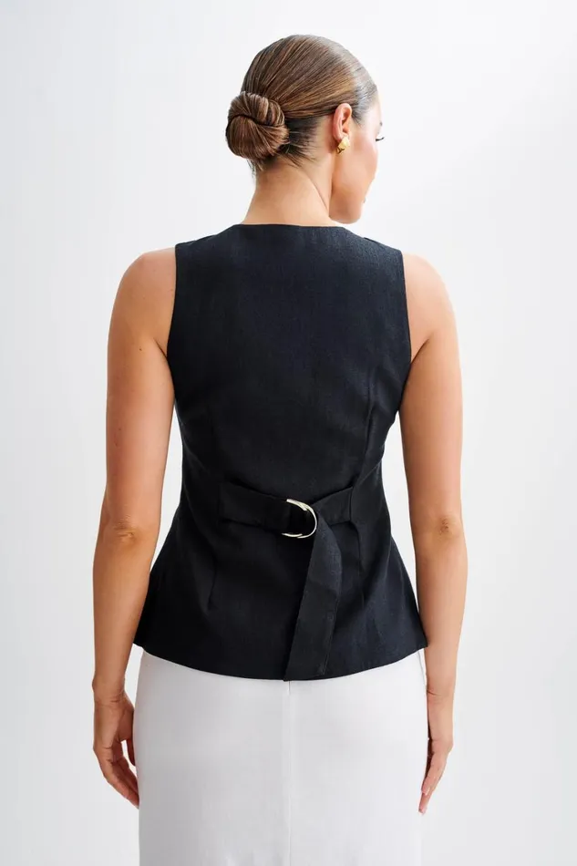 Women Meshki Tops Laurence Sleeveless Linen Longline Top 8211 Black