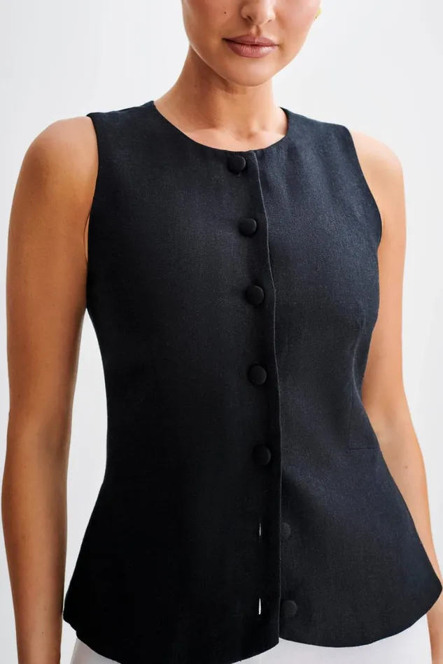 Women Meshki Tops Laurence Sleeveless Linen Longline Top 8211 Black