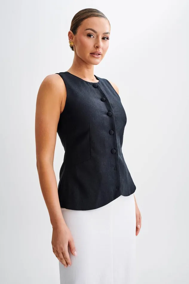 Women Meshki Tops Laurence Sleeveless Linen Longline Top 8211 Black