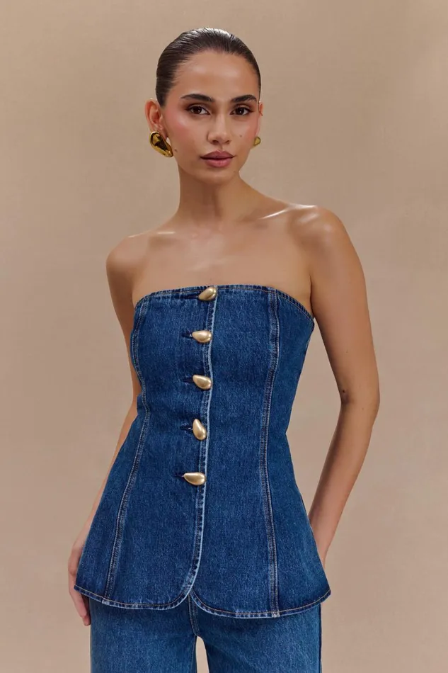 Women Meshki Tops Lennox Strapless Long Line Button Top 8211 Dark Blue