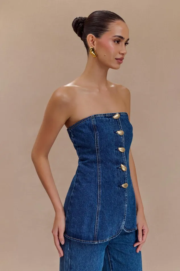 Women Meshki Tops Lennox Strapless Long Line Button Top 8211 Dark Blue