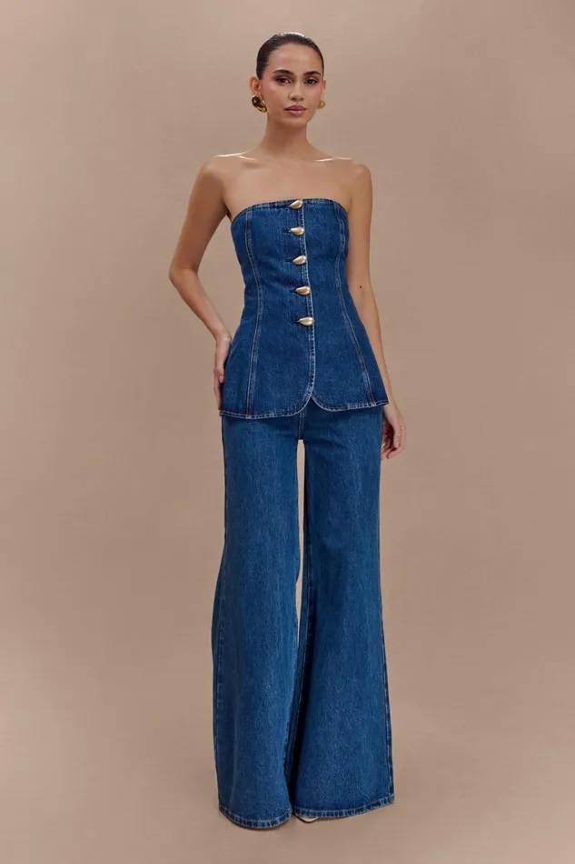 Women Meshki Tops Lennox Strapless Long Line Button Top 8211 Dark Blue