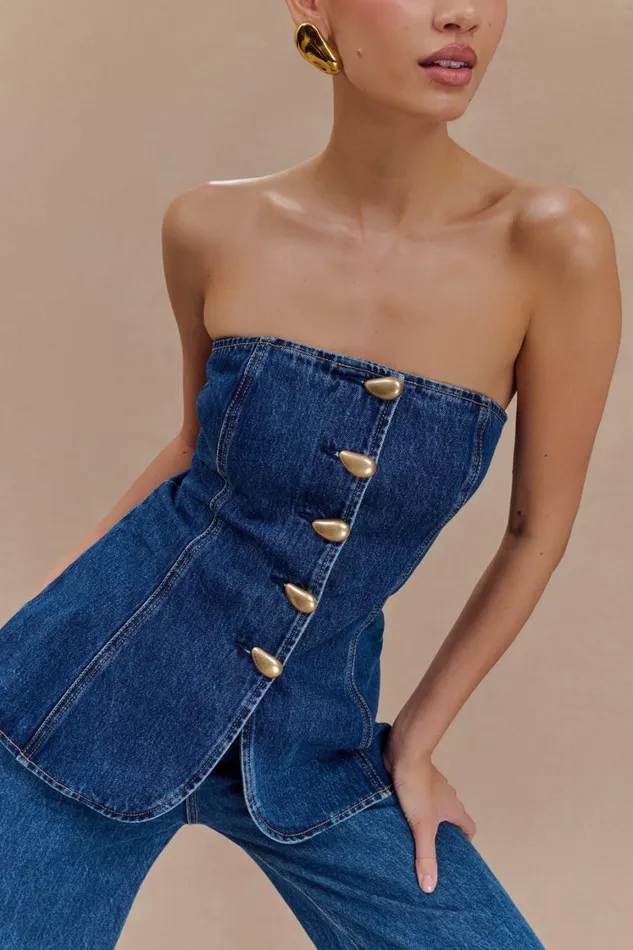 Women Meshki Tops Lennox Strapless Long Line Button Top 8211 Dark Blue