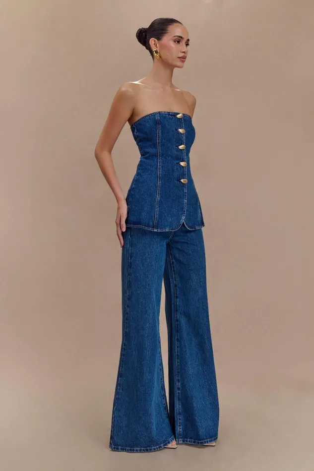 Women Meshki Tops Lennox Strapless Long Line Button Top 8211 Dark Blue
