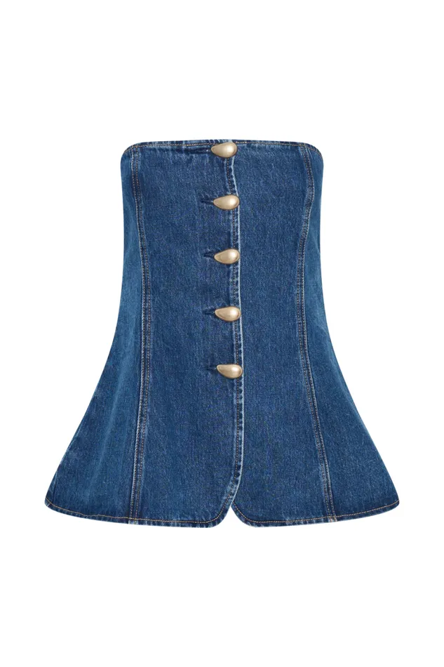 Women Meshki Tops Lennox Strapless Long Line Button Top 8211 Dark Blue