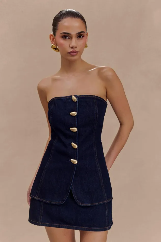 Women Meshki Tops Lennox Strapless Long Line Button Top 8211 Indigo Blue