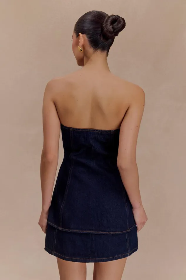Women Meshki Tops Lennox Strapless Long Line Button Top 8211 Indigo Blue