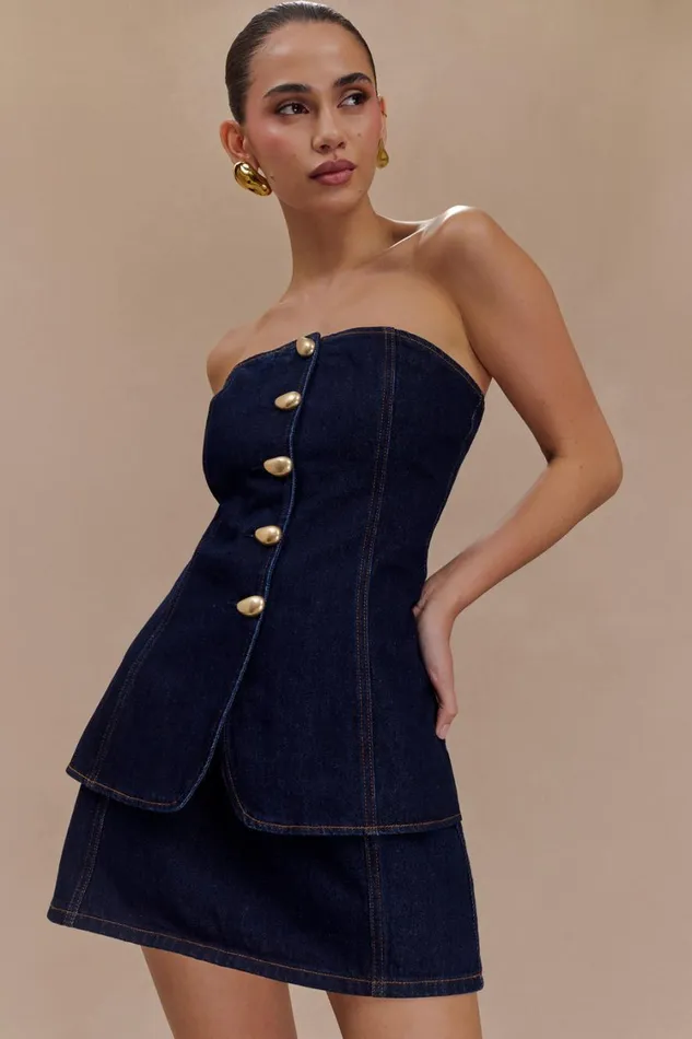 Women Meshki Tops Lennox Strapless Long Line Button Top 8211 Indigo Blue