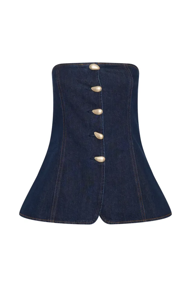 Women Meshki Tops Lennox Strapless Long Line Button Top 8211 Indigo Blue