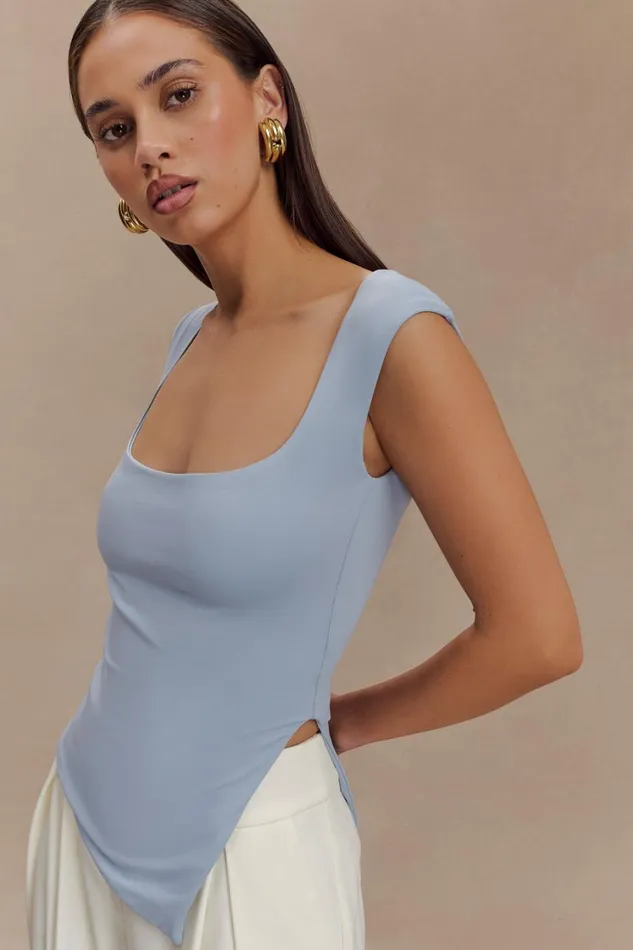 Women Meshki Tops Lisette Asymmetric Recycled Nylon Top 8211 Dusty Blue