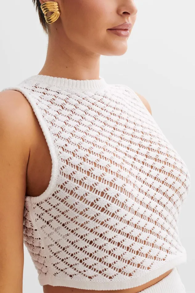 Women Meshki Tops Lorenza Crochet Button Down Crop Top 8211 Ivory