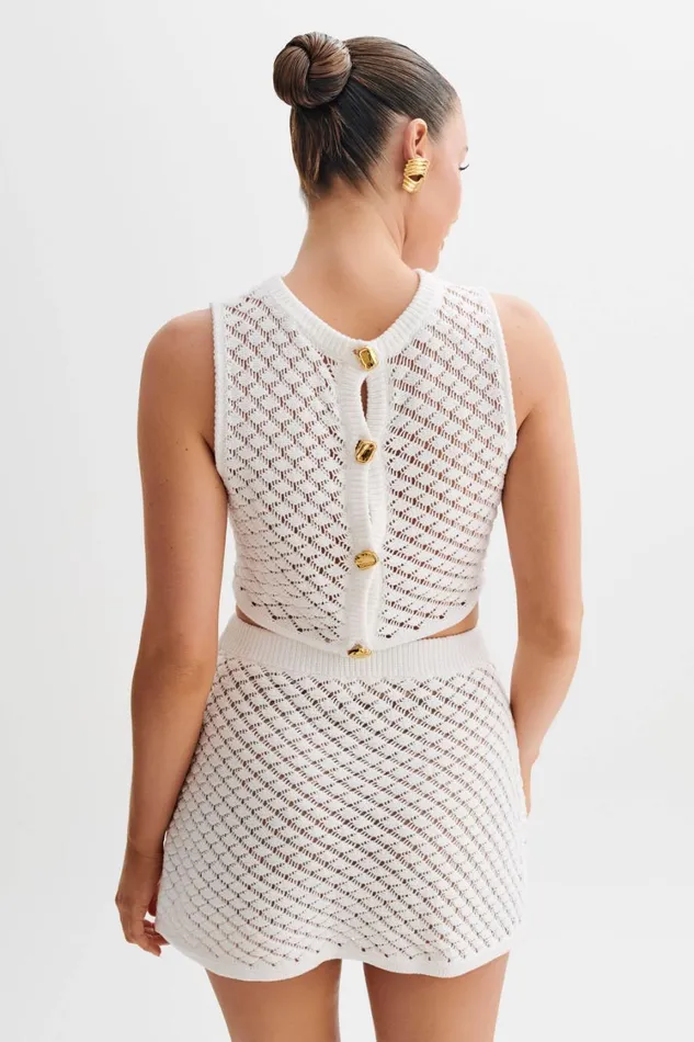 Women Meshki Tops Lorenza Crochet Button Down Crop Top 8211 Ivory