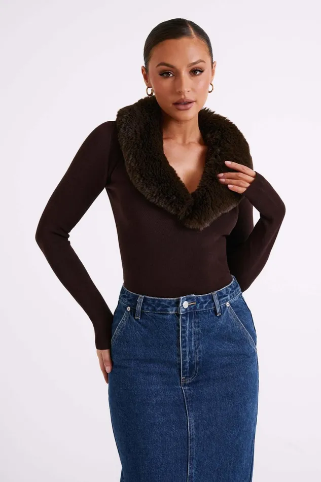 Women Meshki Tops Maieve Fur Trim Knit Top 8211 Dark Brown